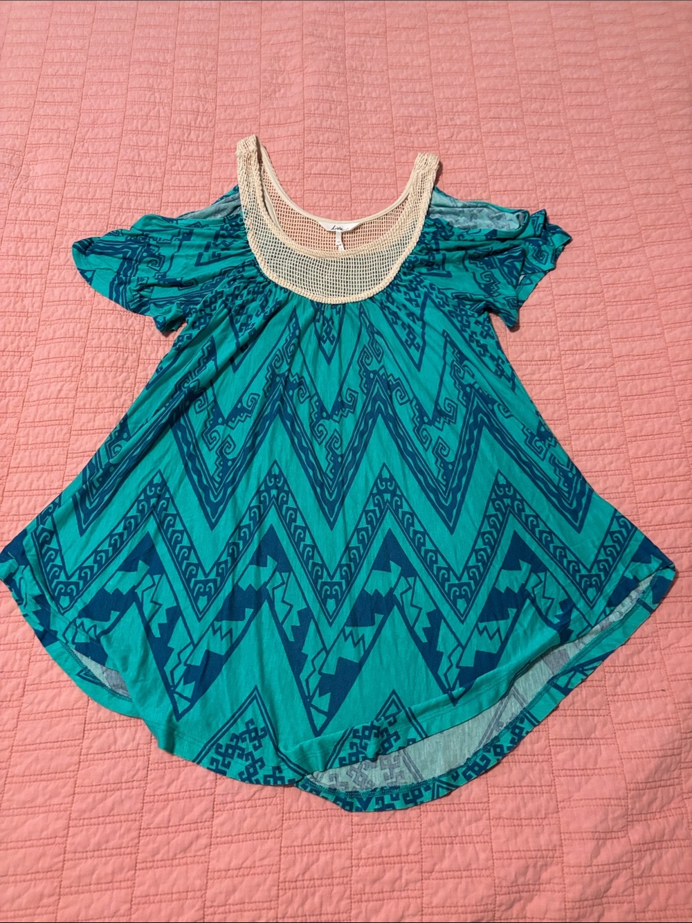 Women’s Teal Aztec Print Scoop Neck Top with Crochet Trim